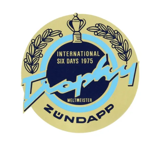 sticker rond Trophy 1975 goud/blauw/zwart